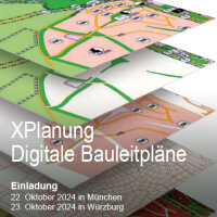 Einladung XPlanung. Text: XPlanung, Digitale Bauleitpläne - Einladung. 22. Oktober 2024 in München, 23. Oktober 2024 in Würzburg