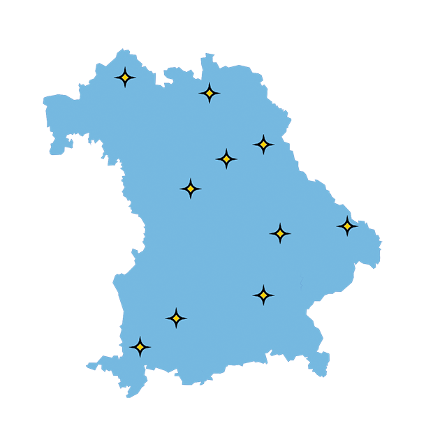 Bayernkarte mit zehn gelben Sternen an der Stelle der Modellkommunen