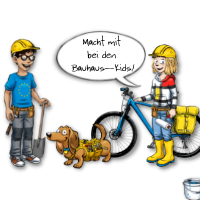 Ein Junge und ein Mädchen jeweils mit gelbem Bauhelm. Der Junge trägt ein EU-T-Shirt, einen Werkzeuggürtel und eine Schaufel, das Mädchen trägt ebenfalls einen Werkzeuggürtel und hält in der einen Hand ein Fahrrad, in der anderen Hand eine Malerrolle. In der Mitte ein Dackel mit Werkzeuggürtel. Sprechblase mit Text: Macht mit bei den Bauhaus-Kids! © StMB
