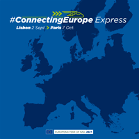 Eine Europa-Karte, auf der die Route des Connecting Europe Express dargestellt wird. Bei jeder Station erscheint das entsprechende Datum.