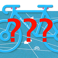 Piktogramm eines blauen Fahrrads mit Aufschrift "Radlland Bayern". Im Hintergrund ist ein Wegenetz erkennbar. Im Vordergrund: Drei rote Fragezeichen © StMB