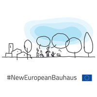 Das Logo für "New European Bauhaus": Skizzenhaft gezeichnete Häuser, Bäume und Menschen. Text: New European Bauhaus - beautiful - sustainable - together © European Commission