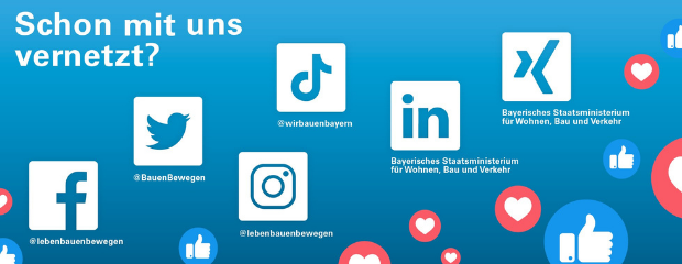 Die Social Media-Kanäle des StMB, dargestellt als Logos mit dem jeweiligen Kanalnamen Die Social Media-Kanäle des StMB, dargestellt als Logos mit dem jeweiligen Kanalnamen