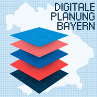 Logo Digitale Planung Bayern quadratisch: Im Hintergrund ist ein Raster zu sehen, davor eine weiße Bayernkarte. Im Vordergrund stapeln sich digitale Pläne. Schriftzug: Digitale Planung Bayern © StMB