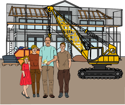 Familie vor einem Wohnhaus, das gerade gebaut wird Familie vor einem Wohnhaus, das gerade gebaut wird
