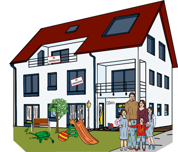 Familie vor einem Wohnhaus Familie vor einem Wohnhaus