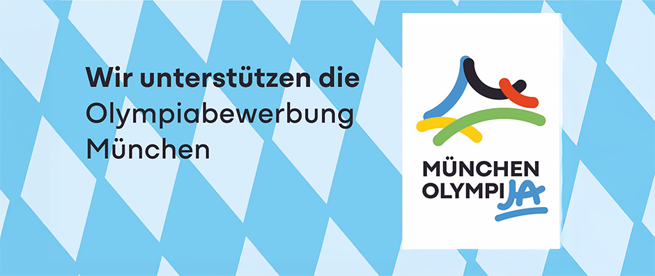 Logo München OlympiJA. Text: Wir unterstützen die Olympiabewerbung München - © 