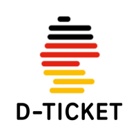 Logo des Deutschlandtickets: Die Form Deutschlands ausgefüllt mit horizontalen Strichen in Schwarz - Rot - Gelb. Daneben Text: D-Ticket